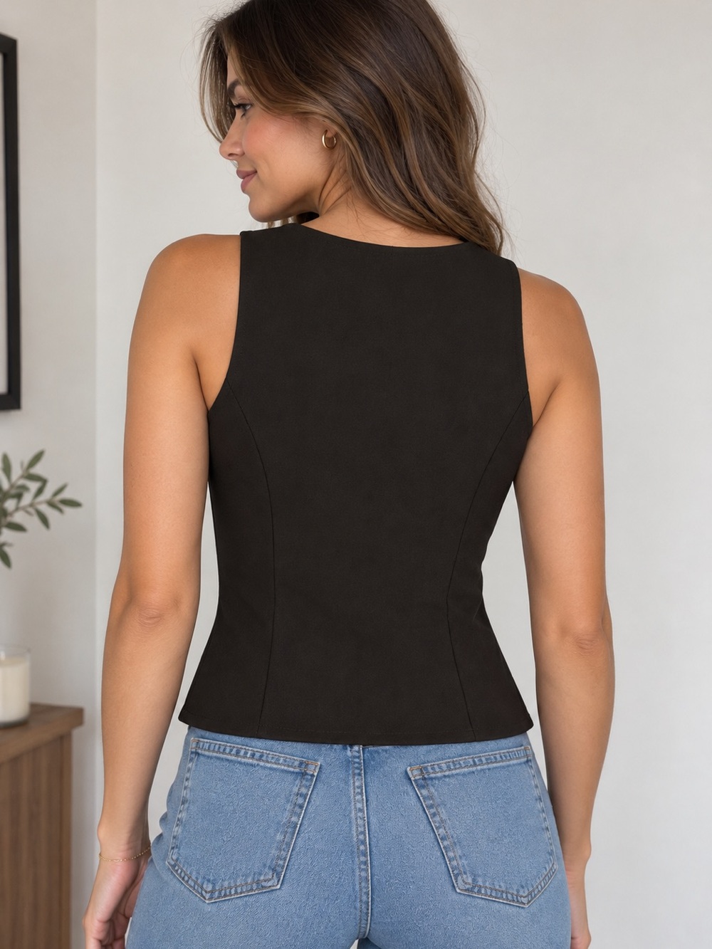 Zara Sleeveless V-Neck Vest with Buckle Accents - Picture 2 of 6